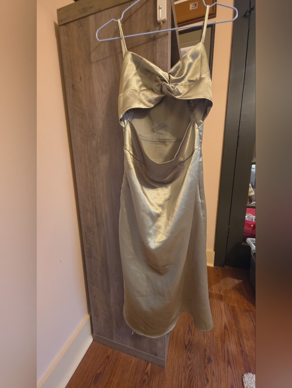 Cider Satiny Peekaboo Spicy Date Night Dress in Eucalyptus Sage Green. Side Slit